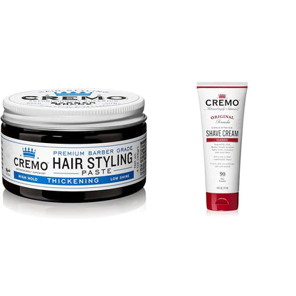 Cremo 4 Oz Thickening Paste & 6 Fl Oz Shave Cream Barber Grade Hair Styling & Shaving Bundle Thickening Paste + Original Shave Cream Hair Styling Agent