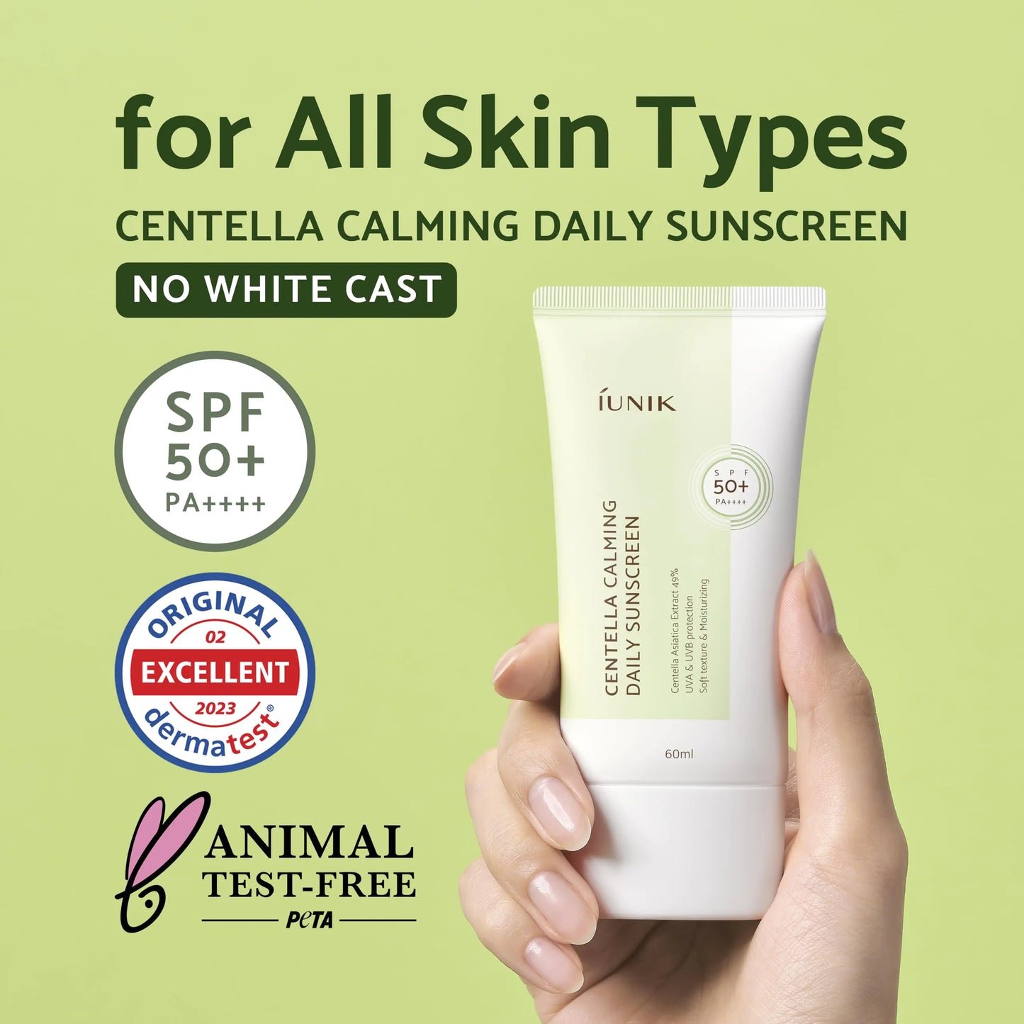 IUNIK Centella Calming Moisture Daily Sunscreen SPF 50+ PA++++ Matte & No White Cast Centella Asiatica Dry Oily Sensitive Vegan Korean Skincare