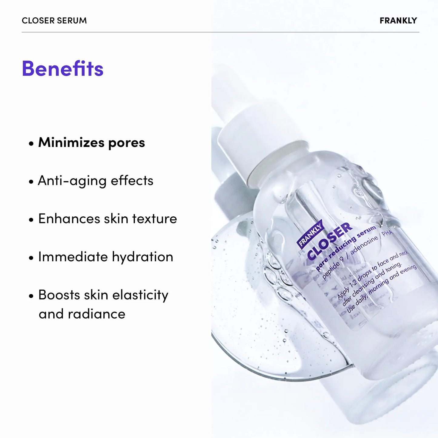 Frankly Closer Serum - Pore Minimizing, Anti-Aging, Elasticity, Hydration, Plump & Dewy Skin |9 Peptides, Vegan Collagen, PHA |Non-comedogenic & Derm Tested Korean Skincare |All skin types |2.03 fl.oz 2.03 Fl Oz (Pack of 1)