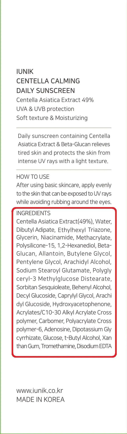 IUNIK Centella Calming Moisture Daily Sunscreen SPF 50+ PA++++ Matte & No White Cast Centella Asiatica Dry Oily Sensitive Vegan Korean Skincare