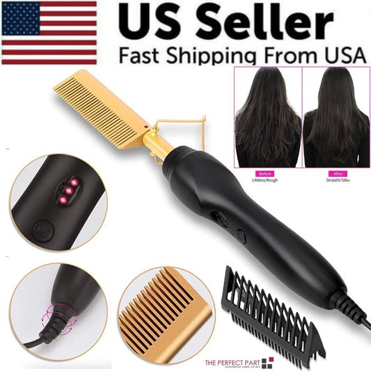 Hot Comb, 450°F High Heat Electric Hot Comb, Hot Comb Hair Straightener for Black Hair Wigs, with Anti-Scald Case, Dual Voltage & 60 Min Auto Shut-Off, for Men Women Travel Home Use