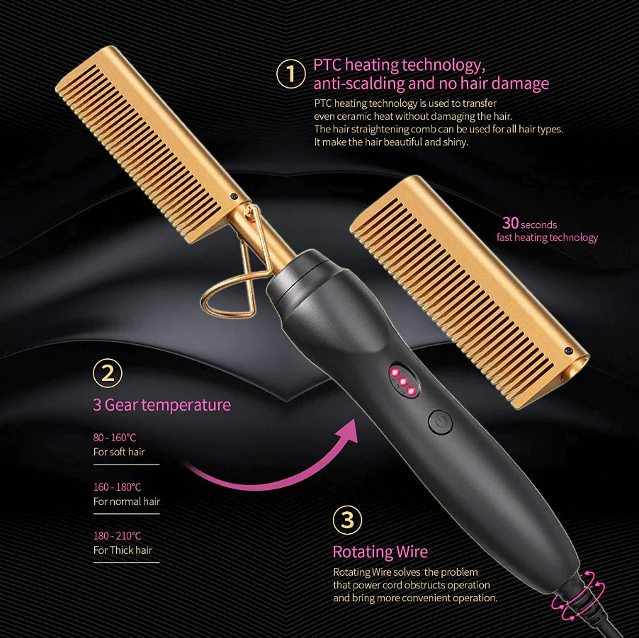 Hot Comb, 450°F High Heat Electric Hot Comb, Hot Comb Hair Straightener for Black Hair Wigs, with Anti-Scald Case, Dual Voltage & 60 Min Auto Shut-Off, for Men Women Travel Home Use