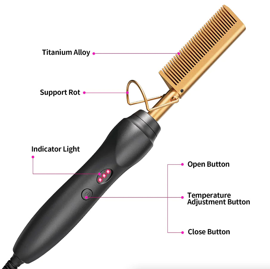 Hot Comb, 450°F High Heat Electric Hot Comb, Hot Comb Hair Straightener for Black Hair Wigs, with Anti-Scald Case, Dual Voltage & 60 Min Auto Shut-Off, for Men Women Travel Home Use