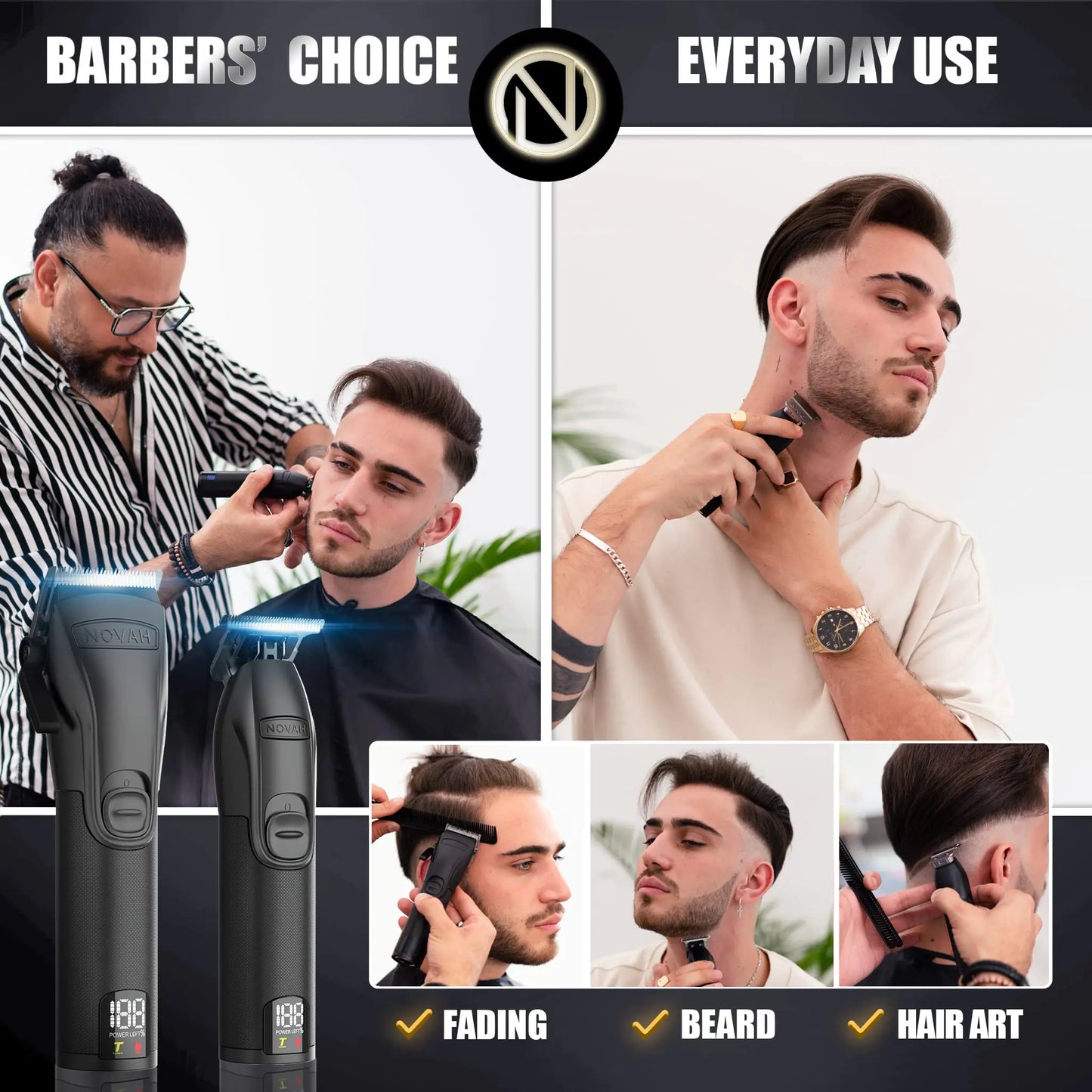 Novah® Professional Hair Clippers for Men, Professional Barber Clippers and Trimmer Set, Mens Cordless Hair Clippers for Barbers Haircut Kit Fade HCL-002